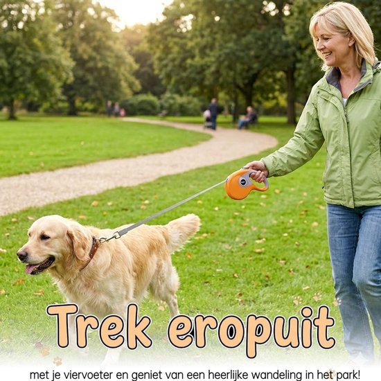 Uitschuifbare Hondenriem 5M (Tot 40KG) - Hondenlijn uittrekbaar - Automatische hondenriem - Rollijn - Anti-klit - Ergonomisch Handvat met Remsysteem - RVS Sluiting - Quick Lock Functie - oranje