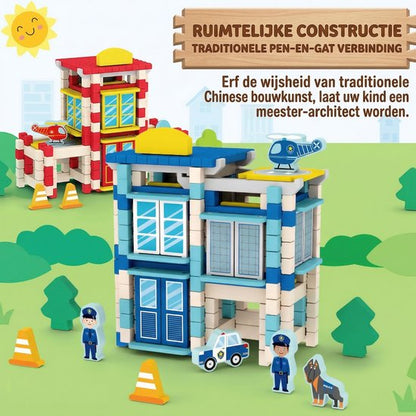 Houten Bouwstenen Set met Pen-en-Gatverbinding - Politiebureau - 3D Puzzel & Constructie Speelgoed - Hout blokjes Peuter Cadeau - Rollenspellen - Bouwblokken - Educatief Montessori Speelgoed voor Kinderen - Vanaf 3 Jaar - Blauw
