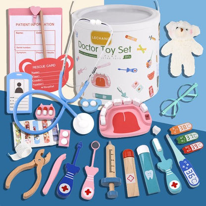 Dokter Speelgoedset 21-delig voor Peuters – Houten Dokterssetje met Stethoscoop, Spuit en Thermometer – Educatief Rollenspel Speelgoed