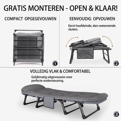 Veldbed - Campingbed - Logeerbed met kussen - Opvouwbaar Kampeerbed - 190x66x30 cm - Strandbed - Versterkt 8-Poots - Met bekerhouder - Met 3x Lendensteun - Stevig Kussen - Inklapbaar - Antraciet/Grijs - Ideaal voor Tuin, Kamperen & Reis