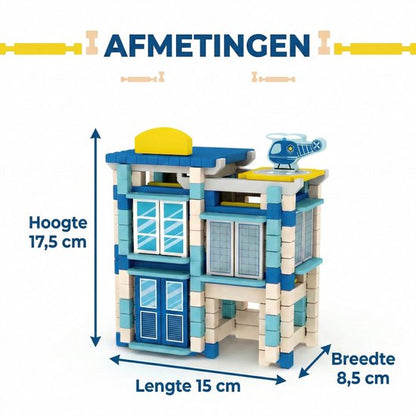 Houten Bouwstenen Set met Pen-en-Gatverbinding - Politiebureau - 3D Puzzel & Constructie Speelgoed - Hout blokjes Peuter Cadeau - Rollenspellen - Bouwblokken - Educatief Montessori Speelgoed voor Kinderen - Vanaf 3 Jaar - Blauw
