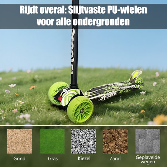 Kinderstep - LED-wielen met flitsende verlichting - max 50kg - leeftijd 3+ - hoogte verstelbaar 61-83 cm (3 standen) Groen