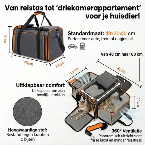 Grote Uitbreidbare Huisdier Reistas - 48x31x80 cm - Draagtas Hond - Draagtas Kat - Kattentas - Draagtas voor Katten & Kleine Honden - Tot 8kg - Opvouwbaar - Ventilerend - Met Bagageband & Schouderband - Met Opbergvakken - Oranje