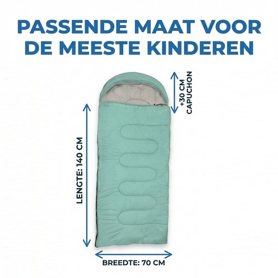 Lichtgewicht Slaapzak 1kg voor Kinderen - Compacte Envelop Slaapzak met Capuchon - 170x70 cm - Waterafstotend 380T Nylon - 4 Seizoenen - Machine Wasbaar - Ideaal voor Kamperen, Logeren & Wandelen - 2×Wegs Rits Inclusief Compressiezak - Muntgroen
