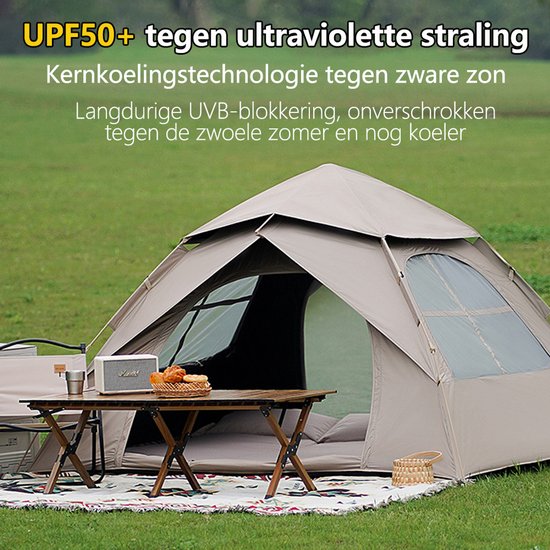 Automatische Pop-up Tent - Vierhoekige Kampeertent voor 2-3 Personen - Waterdicht met Vaste Zonnekap - Inclusief Draagtas - Ideaal voor Gezinscamping en Festivals - Met Zwarte UV-Block Coating - Snelle 3-Seconden Opzet - Kaki