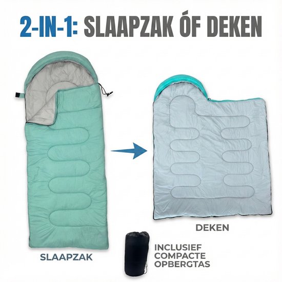Lichtgewicht Slaapzak 1kg voor Kinderen - Compacte Envelop Slaapzak met Capuchon - 170x70 cm - Waterafstotend 380T Nylon - 4 Seizoenen - Machine Wasbaar - Ideaal voor Kamperen, Logeren & Wandelen - 2×Wegs Rits Inclusief Compressiezak - Muntgroen