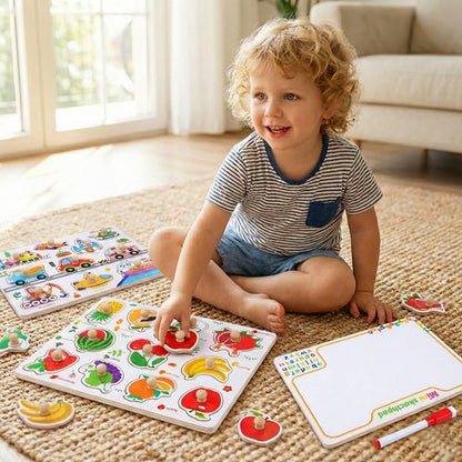 Educatieve Houten Knoppenpuzzel - Voertuigen - 2-in-1 Vormenpuzzel & Whiteboard inclusief Stift - Montessori Speelgoed voor Peuters - Blokpuzzel kind - Educatief Spel voor 3 4 5 6 7 Jaar - Ontwikkeling Fijne Motoriek