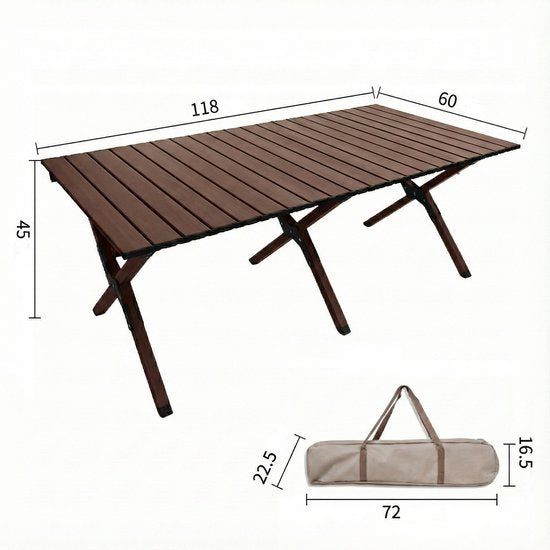 Aluminium Campingtafel 120 cm - Lichtgewicht Roltafel met Houtlook - Opvouwbaar & Compact voor 4-6 Personen - Belastbaar tot 100KG - Opvouwbare tafel Inclusief Draagtas voor Picknick & Tuin - 120x60x45cm - Bruin