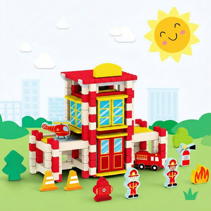 Houten Bouwstenen Set met Pen-en-Gatverbinding - Brandweerkazerne - 3D Puzzel & Constructie Speelgoed - Hout blokjes Peuter Cadeau - Rollenspellen - Bouwblokken - Educatief Montessori Speelgoed voor Kinderen - Vanaf 3 Jaar - Rood