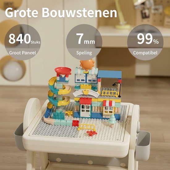 Kindertafel Met 1 Stoel + 2 Bakjes + 209 Grote Bouwstenen- 2-in-1 Bouwtafel & Leertafel - Speeltafel Geschikt voor Lego® & Duplo® blokken - Blokken Tafel Kinderen - Legotafel- zandtafel - watertafel - Ideaal Cadeau voor Verjaardagen, Wit