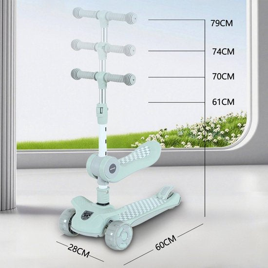 Kinderstep 3-in-1: Loopfiets + Driewieler + Step - Eénklaps Vouwbaar (Geen Montage!) - LED Lichtwielen - Verstelbaar 62-80cm - Veilig Laag Zwaartepunt - Geschikt 3-8 Jaar - Draagt 50kg - Licht Mintgroen