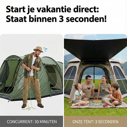 Pop-up Familietent met XXL Zonnescherm - 4-Persoons Koepeltent - Opzetten in 3 Seconden - Inclusief Voorluifel voor Extra Leefruimte - Waterdichte kampeertent - pop up tent voor Kamperen - festival tent + Draagtas - Kaki