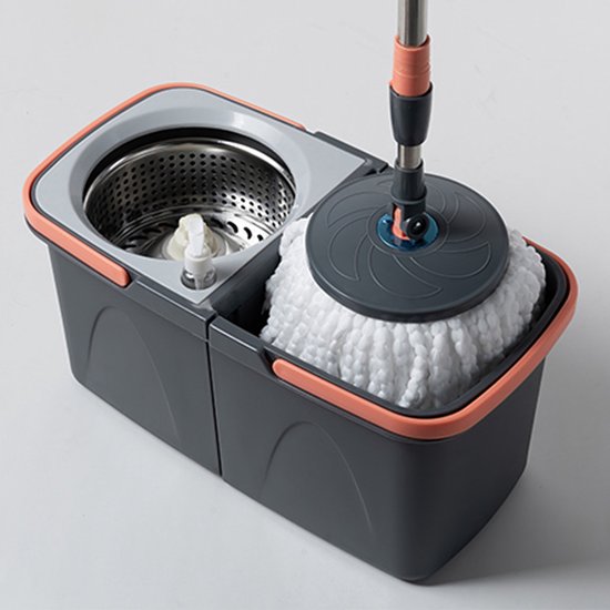 Dweilsysteem met Emmer - Mopsysteem&Mopset - Dweil met schoon en vuil water gescheiden - Roterende Vloerwisser met RVS Centrifuge - Met Zeepdispenser & Wateruitlaat - Incl. 2 Microvezel Pads - Telescopische Steel - Voor Alle Vloeren