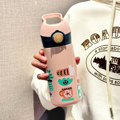 Pop-up drinkfles voor kinderen 450 ml - BPA-vrij - Dubbelwandig RVS (binnenkant 316 / buitenkant 304) - Lekvrij - 24 uur warm & koud - School & sport - Roze
