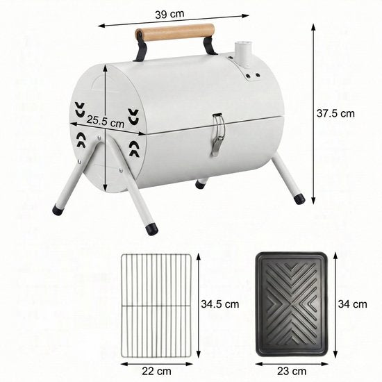 Luxe Draagbare Tafelbarbecue Houtskool - 2-in-1 Smoker & Open Grill - Met Grillplaat & Deksel - Compacte Camping BBQ voor Balkon & Park - Dubbel Grilloppervlak - Houtskool Barbecue - Ideaal voor Buiten - Houtskool BBQ - Wit, 25.5 x 37.5 x 39 cm