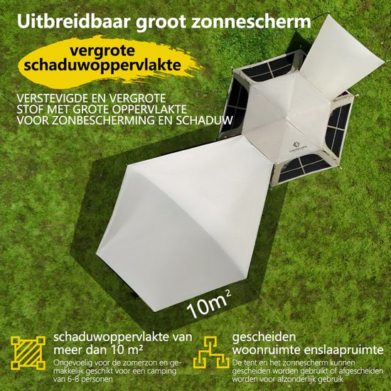 Pop-up Familietent met XXL Zonnescherm - 4-Persoons Koepeltent - Opzetten in 3 Seconden - Inclusief Voorluifel voor Extra Leefruimte - Waterdichte kampeertent - pop up tent voor Kamperen - festival tent + Draagtas - Wit
