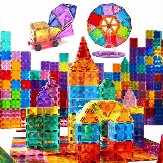 Magnetic Tiles 100 Stuks - Groot Formaat Magnetisch Speelgoed Bouwstenen met Auto & Reuzenrad - Educatief Constructie Speelgoed - Magnetic toys - Montessori 3D Puzzel - Creatief Verjaardag Cadeau voor Jongens & Meisjes 3 Jaar Kinderen