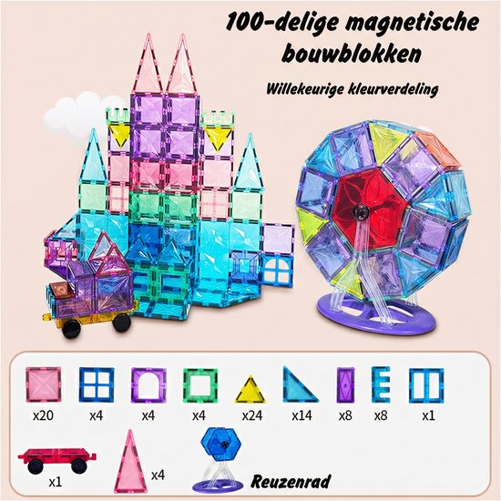 Magnetic Tiles 100 Stuks - Groot Formaat Magnetisch Speelgoed Bouwstenen met Auto & Reuzenrad - Educatief Constructie Speelgoed - Magnetic toys - Montessori 3D Puzzel - Creatief Verjaardag Cadeau voor Jongens & Meisjes 3 Jaar Kinderen