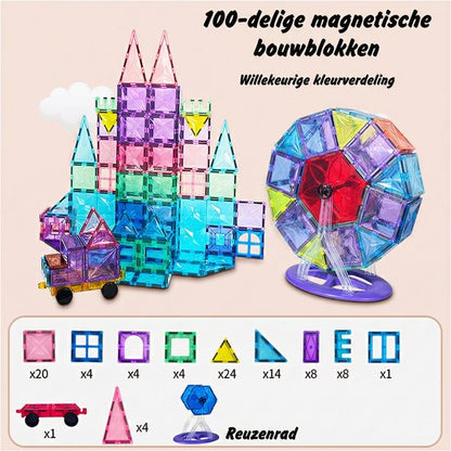Magnetic Tiles 100 Stuks - Groot Formaat Magnetisch Speelgoed Bouwstenen met Auto & Reuzenrad - Educatief Constructie Speelgoed - Magnetic toys - Montessori 3D Puzzel - Creatief Verjaardag Cadeau voor Jongens & Meisjes 3 Jaar Kinderen