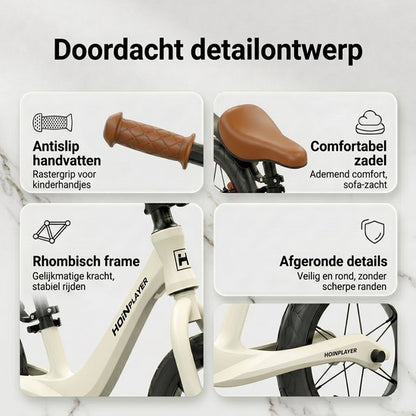 Loopfiets 12 inch met rubberen luchtbanden - Kinderfiets - Lichtgewicht magnesiumframe (0,65 kg) - Inclusief fietspomp - Verstelbaar zadel (31-45 cm) - Totaalgewicht 3,1 kg - Antislip handvatten - Stalen spaken - Voor kinderen vanaf 2 jaar - Wit