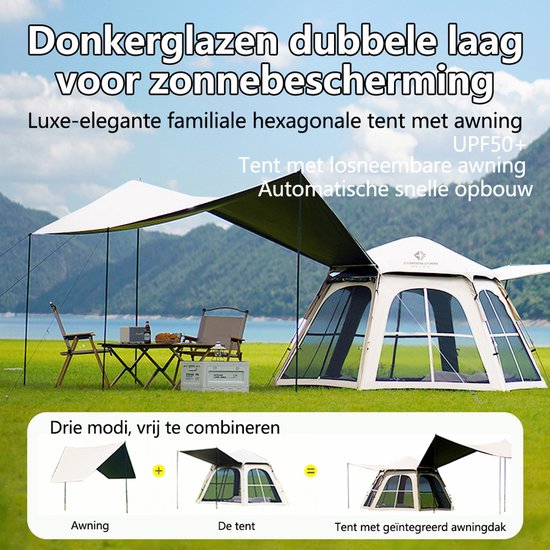 Pop-up Familietent met XXL Zonnescherm - 4-Persoons Koepeltent - Opzetten in 3 Seconden - Inclusief Voorluifel voor Extra Leefruimte - Waterdichte kampeertent - pop up tent voor Kamperen - festival tent + Draagtas - Wit
