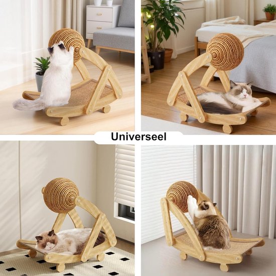 3-in-1 Krabplank voor Katten - Ergonomische Boogvorm Krabpaal met Jute Krabbal - Duurzaam Krabmeubel & Kattenmand - Slapen, Spelen & Krabben - Inclusief Kattenspeelgoed - Stevige Krabmat van Hout & Jute - 55x42x32 cm