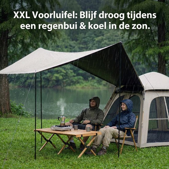 Pop-up Familietent met XXL Zonnescherm - 4-Persoons Koepeltent - Opzetten in 3 Seconden - Inclusief Voorluifel voor Extra Leefruimte - Waterdichte kampeertent - pop up tent voor Kamperen - festival tent + Draagtas - Kaki