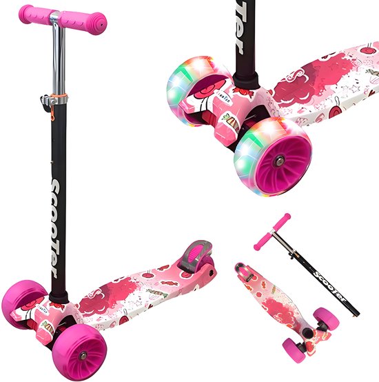 Kinderstep - LED-wielen met flitsende verlichting - Speelgoed voor Meisjes met Lichtgevende - Steps max 50kg - Buitenspeelgoed & Cadeau vanaf 3 Jaar + - hoogte verstelbaar 61-83 cm (3 standen) Roze