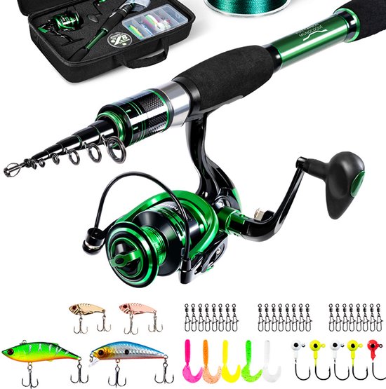Green Phantom Telescopische Vishengel Set – 30T Grafiet – Compacte Reisset met Molen, Aas en Lijn – Voor Zoet- en Zoutwater – Voor Beginners en Gevorderden - Groen - 2.1M 7FT
