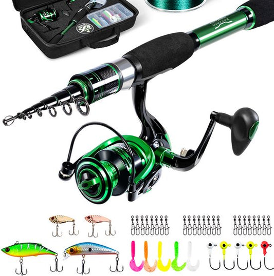 Green Phantom Telescopische Vishengel Set – 30T Grafiet – Compacte Reisset met Molen, Aas en Lijn – Voor Zoet- en Zoutwater – Voor Beginners en Gevorderden - Groen - 2.4M 8FT