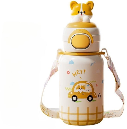 316 RVS Kinder Thermosfles & Kinderdrinkfles met Rietje en Drinktuit - 500ml Lekvrije Schoolbeker voor Meisjes & Jongens - 12u Warm/Koud Isoleerfles - BPA-Vrij & Food Grade - Ideaal Cadeau voor School, Sport & Onderweg - Met koord - Corgi Hond