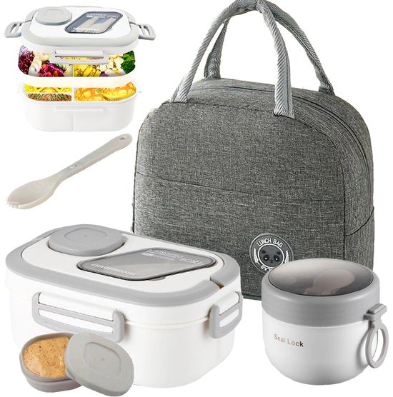 Lunchbox Set 1200+600ml voor Vaatwasser & Magnetronbestendig - Yoghurt en Muesli beker to go - broodtrommel met sausbox ‌en bestek‌ - Lunchpot met Isolerende Draagtas -Bento box voor volwassenen en kinderen‌ - Voor Werk, School, Picnic - Wit