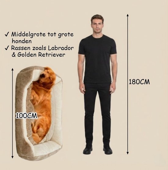 Hondenmand Grote Hond - 100x70 cm - Met Uitneembaar Kussen - Zacht Imitatie Konijnenbont - Antislipbodem - Orthopedisch & Wasbaar - Fluffy Anti Stress Bed XXL - Geschikt voor Labrador, Golden Retriever, Duitse Herder & Labradoodle - Beige/Bruin