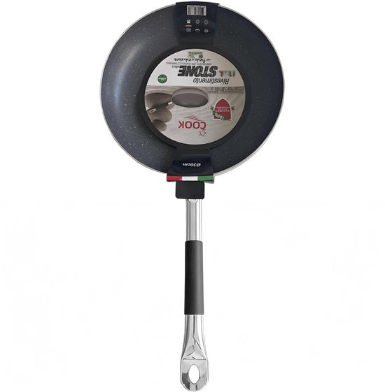 Koekenpan Ø 30 cm - Geschikt voor Inductie & Gas - Luxe Aluminium Bakpan met Ital Stone Anti-aanbaklaag & Graniet look - 100% PFOA, Lood & Nikkelvrij - Krasbestendige Steenlaag met Soft-Grip Steel - Zwart/Grijs