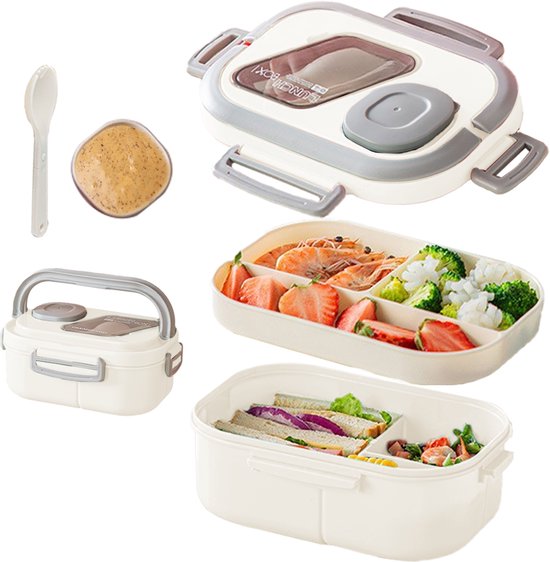 Lunchbox Set 1200+600ml voor Vaatwasser & Magnetronbestendig - Yoghurt en Muesli beker to go - broodtrommel met sausbox ‌en bestek‌ - Lunchpot met Isolerende Draagtas -Bento box voor volwassenen en kinderen‌ - Voor Werk, School, Picnic - Wit