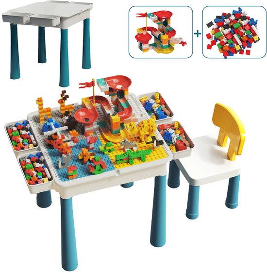 Kindertafel Met 1 Stoel + 4 Bakjes + 410 Bouwstenen - 2-in-1 Bouwtafel & Leertafel - Speeltafel Geschikt voor Lego® & Duplo® blokken - Blokken Tafel Kinderen - zandtafel - watertafel - Ideaal Cadeau voor Kerst & Verjaardagen - Groen