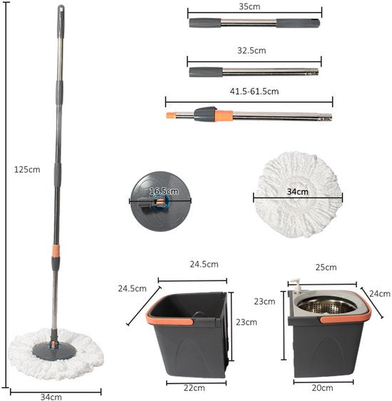 Dweilsysteem met Emmer - Mopsysteem&Mopset - Dweil met schoon en vuil water gescheiden - Roterende Vloerwisser met RVS Centrifuge - Met Zeepdispenser & Wateruitlaat - Incl. 2 Microvezel Pads - Telescopische Steel - Voor Alle Vloeren