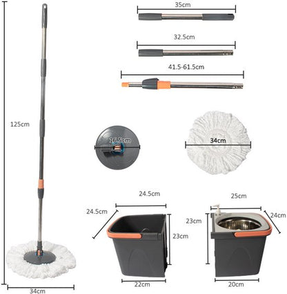 Dweilsysteem met Emmer - Mopsysteem&Mopset - Dweil met schoon en vuil water gescheiden - Roterende Vloerwisser met RVS Centrifuge - Met Zeepdispenser & Wateruitlaat - Incl. 2 Microvezel Pads - Telescopische Steel - Voor Alle Vloeren