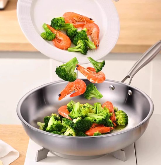 RVS Koekenpan Ø 26 cm - PFAS-vrije Bakpan Zonder Anti-aanbaklaag - Inductie & Ovenbestendig - Ideaal voor Vlees - Vaatwasserbestendig - Zilver
