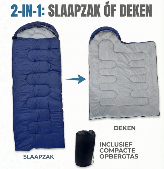 Lichtgewicht Slaapzak 1.5kg voor Volwassenen - Compacte Envelop Slaapzak met Capuchon - 220x75 cm - Waterafstotend 380T Nylon - 4 Seizoenen - Machine Wasbaar - Ideaal voor Kamperen, Logeren & Wandelen - 2×Wegs Rits Inclusief Compressiezak - Blauw
