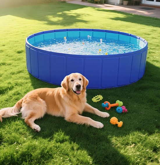 Opvouwbaar Hondenzwembad & Kinderzwembad - ⌀120x30 CM - 7-Laags Versterkt PVC - Kraswerend & Lekvrij - Inclusief Afvoerventiel - Voor Honden tot 90 kg - Stevig Hondenbadje en Peuterbad voor Buiten in de Tuin - Draagbaar Huisdierenzwembad