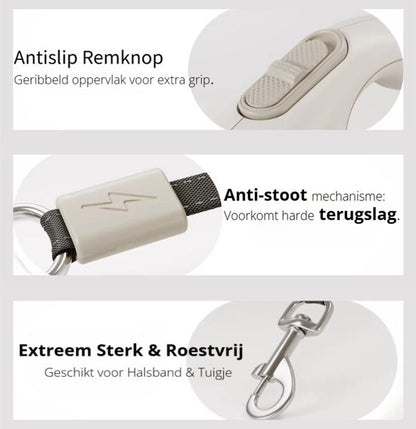 Uitschuifbare Hondenriem 5M (Tot 40KG) - Hondenlijn uittrekbaar - Automatische hondenriem - Rollijn - Anti-klit - Ergonomisch Handvat met Remsysteem - RVS Sluiting - Quick Lock Functie - wit