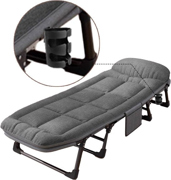 Veldbed - Campingbed - Logeerbed met kussen - Opvouwbaar Kampeerbed - 190x66x30 cm - Strandbed - Versterkt 8-Poots - Met bekerhouder - Met 3x Lendensteun - Stevig Kussen - Inklapbaar - Antraciet/Grijs - Ideaal voor Tuin, Kamperen & Reis