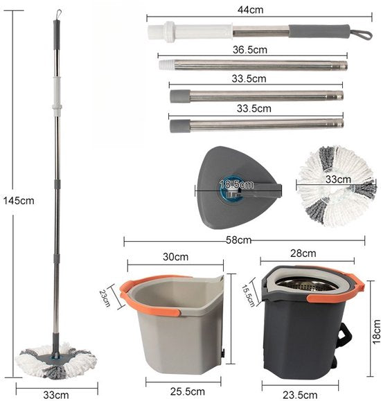 Roterend Mopsysteem met Voetpedaal - Mopset - Schoon & Vuil Water Scheiding - Dweilset met Emmer & 2 Microvezel Doeken - 180° Inklapbare Vloerwisser - RVS Steel (4-Delig) - Voor Alle Vloeren - Turbo Wringmechanisme - Ideaal tegen Huisdierharen & Stof