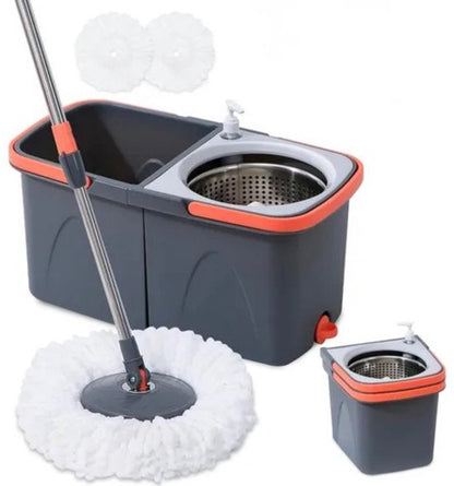 Dweilsysteem met Emmer - Mopsysteem&Mopset - Dweil met schoon en vuil water gescheiden - Roterende Vloerwisser met RVS Centrifuge - Met Zeepdispenser & Wateruitlaat - Incl. 2 Microvezel Pads - Telescopische Steel - Voor Alle Vloeren