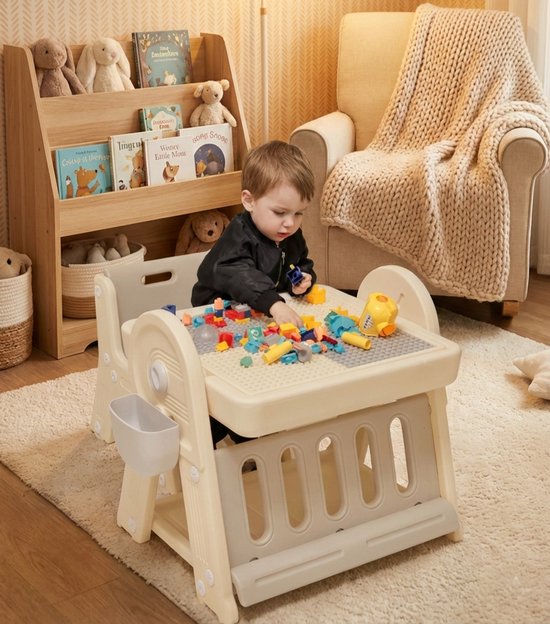 Kindertafel Met 1 Stoel + 2 Bakjes + 209 Grote Bouwstenen- 2-in-1 Bouwtafel & Leertafel - Speeltafel Geschikt voor Lego® & Duplo® blokken - Blokken Tafel Kinderen - Legotafel- zandtafel - watertafel - Ideaal Cadeau voor Verjaardagen, Wit