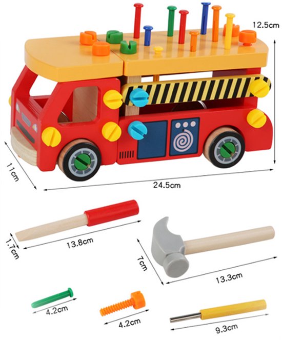 Montessori Gereedschapswagen truck – Demonteerbare Werkbank Auto – Houten Constructiespeelgoed met PVC Hamer, Spijkers en Schroeven, Educatief Speelgoed voor Fijne Motoriek, Gereedschapsauto & Vrachtwagen (3+ Jaar, Handgeschaafd + Veilige Verf)