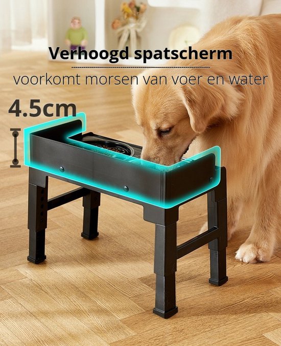 Verhoogde anti-schrokbak hond - 5 Hoogtes (21-29cm) - Anti-Schrokbak - RVS Waterbak & Spatrand - BPA-Vrij - Betere Spijsvertering en Nekbescherming - Anti-Knoei Hondenvoerbak - Gemakkelijk Reinigbaar - Zwart