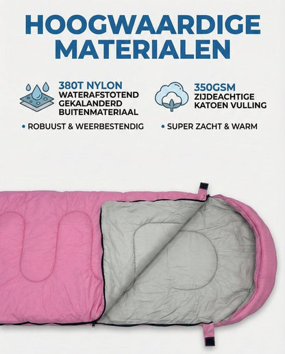 Lichtgewicht Slaapzak 1kg voor Kinderen - Compacte Envelop Slaapzak met Capuchon - 170x70 cm - Waterafstotend 380T Nylon - 4 Seizoenen - Machine Wasbaar - Ideaal voor Kamperen, Logeren & Wandelen - 2×Wegs Rits Inclusief Compressiezak - Roze