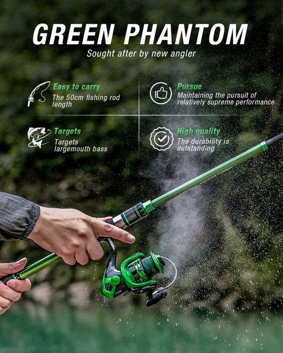 Green Phantom Telescopische Vishengel Set – 30T Grafiet – Compacte Reisset met Molen, Aas en Lijn – Voor Zoet- en Zoutwater – Voor Beginners en Gevorderden - Groen - 2.1M 7FT